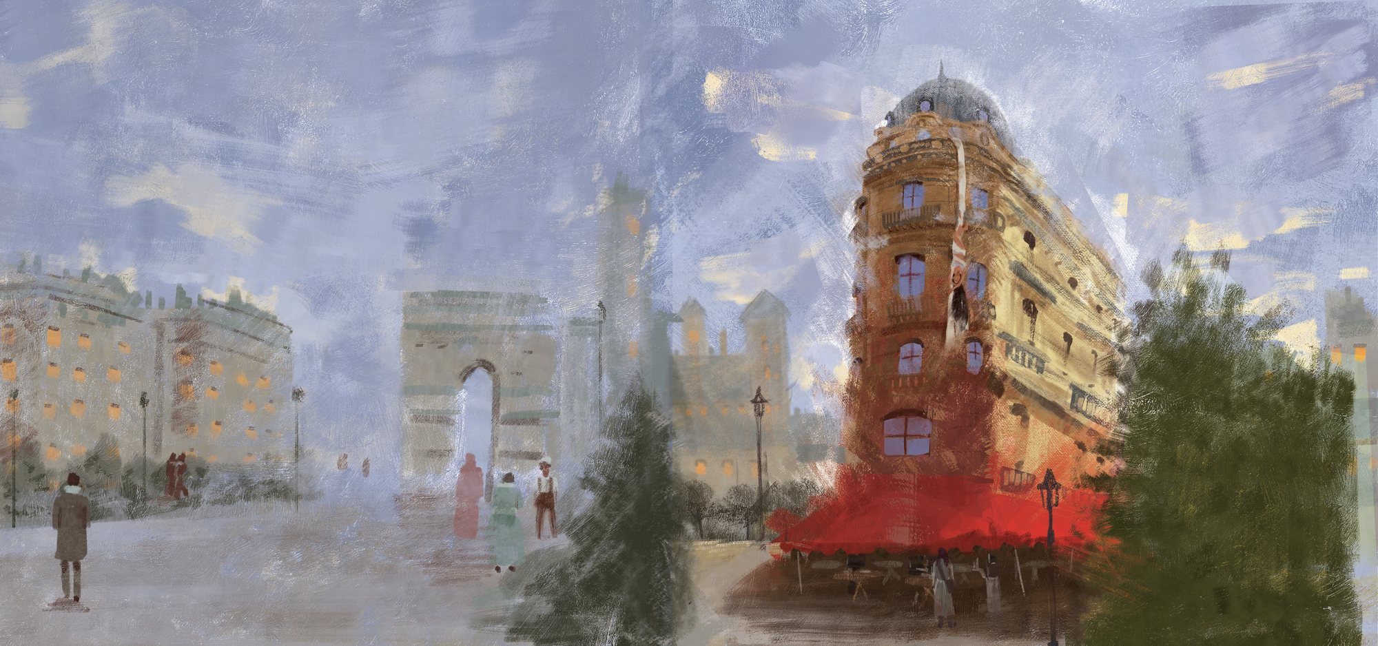 Wraparound cover painting for Clearly Invisible in Paris: Haussmann facade, red awning, aerialist descending on white silk