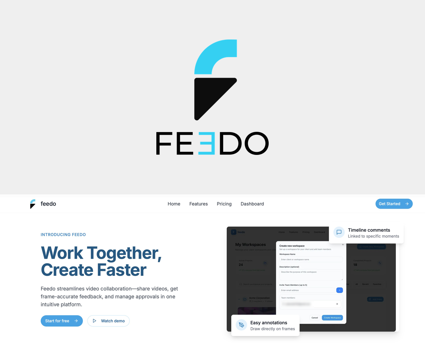 Feedo identity and the live product: workspaces, timeline comments, frame annotation