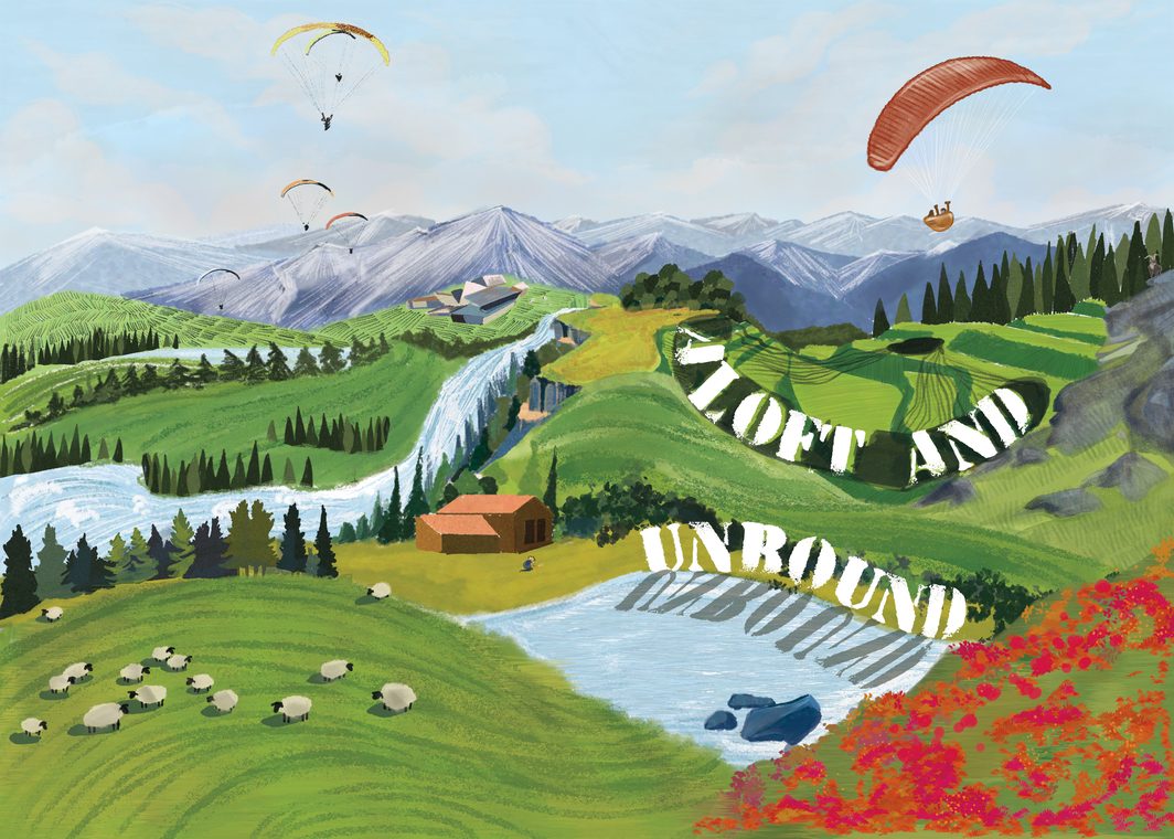Aloft and Unbound, paragliders over an alpine valley