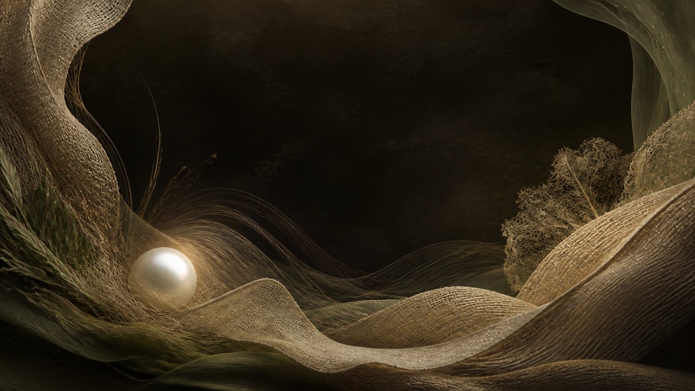 Stage backdrop: woven thread and wheat, calm dark center